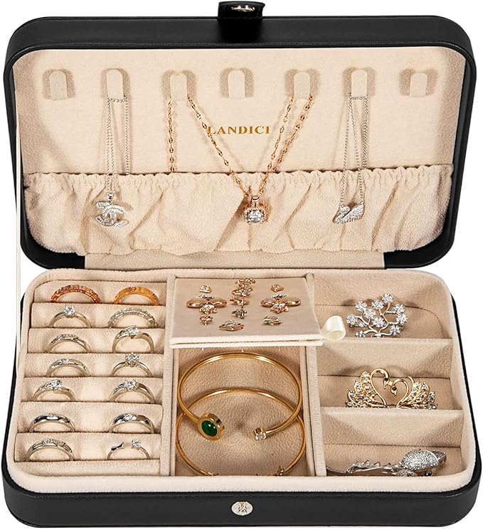 LANDICI Small Jewelry Box for Women Girls, PU Leather Travel Jewelry Case, Portable Jewelry Organizer Storage Holder Display 
