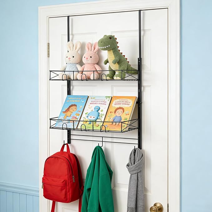 Widousy Over the Door Hat Organizer, 3 Tier Wall Mounted Hat Rack with 2 Adjustable Metal Basket and 3 Hooks, Baseball Cap Or
