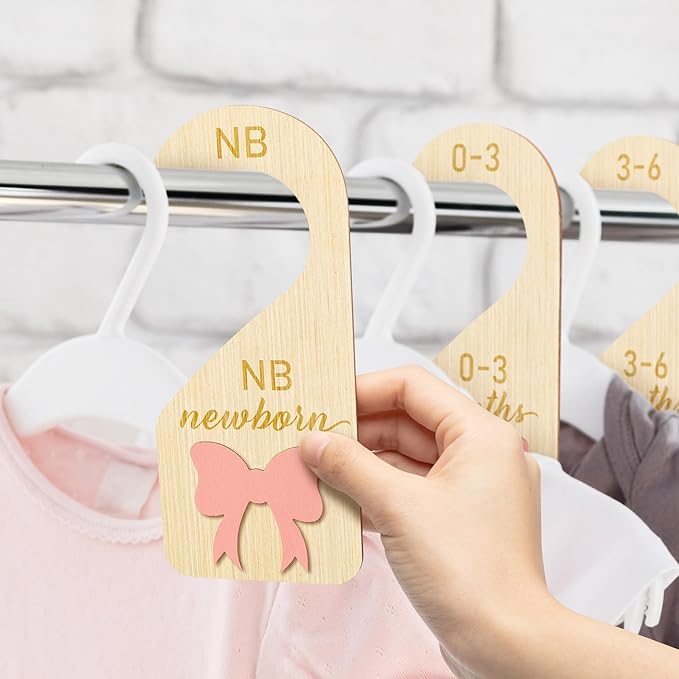 R HORSE Wooden Baby Closet Dividers - 8Pcs 3D Coquette Pink Bow Baby Closet Organizer Double-Sided Newborn Clothes Size Hange