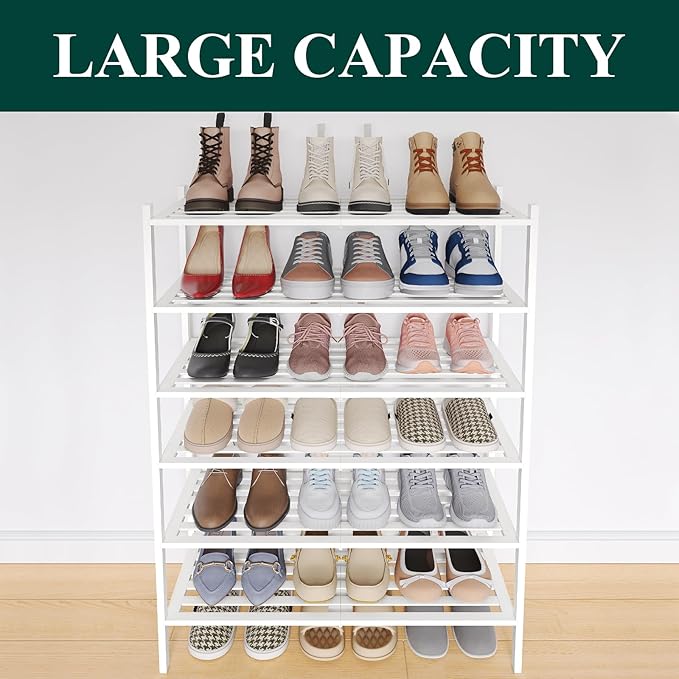 Smiry Bamboo Shoe Rack 6-Tier, Stackable Wooden Shoe Organizer for Entryway & Closet, Free Standing Wood Shoe Storage Shelf f