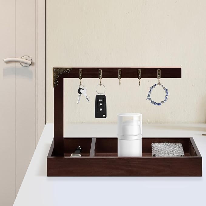 Wonderjune Key Tray for Entryway Table, with 5 Metal Hooks and Wood Base, Vintage Wood Key Tray Stand Holder for Keychain Jew