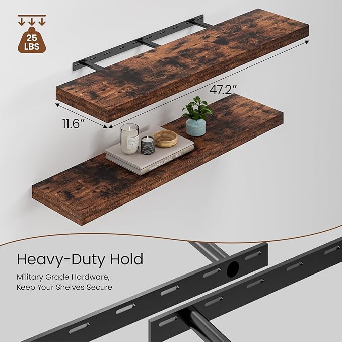 Heimlove 48W x 12D Long Floating Shelf, 12 Inch Deep Floating Shelves for Wall Set of 2, Wood Shelves for Bedroom Living Room