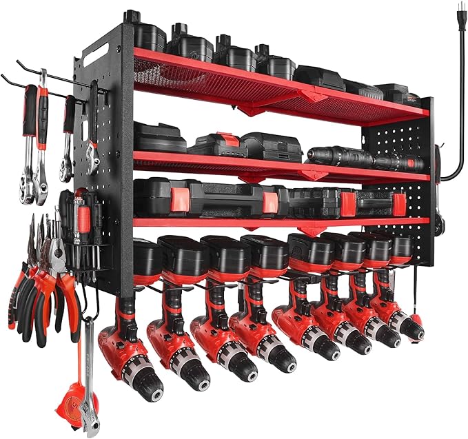 VEVOR Power Tool Organizer with Charging Station, 4-Layer Drill Storage Rack with 8 Drill Holders & Side Pegboard, Garage Too