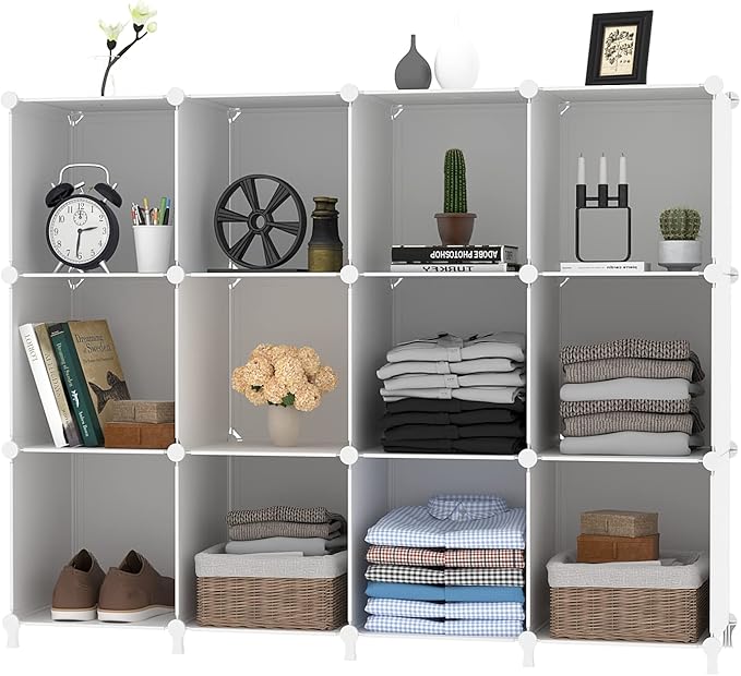 AWTATOS Cube Storage Organizer Storage 12 Cube Bookshelf DIY Plastic Closet Clothes Storage Shelves with Wooden Mallet, Stack