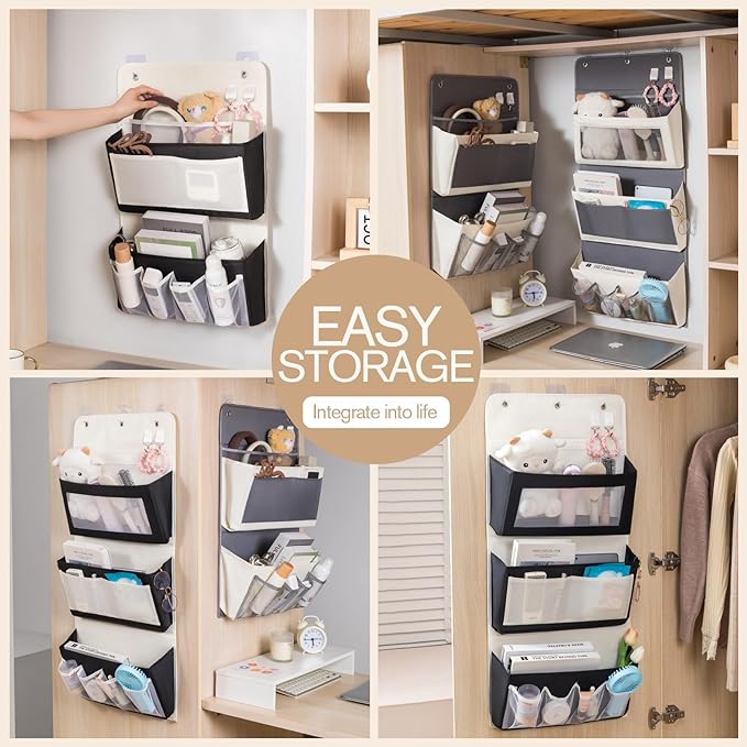 Over Door Storage Organizer, Multi-Pocket Hanging Organizer with Mesh Pockets, Wall Mount Storage Bags, Black and White (blac