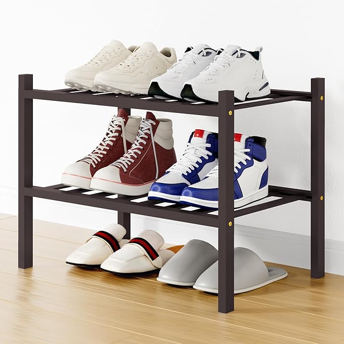 Smiry Shoe Rack, 2 Tier Small Bamboo Shoe Organizer, Stackable Free Standing Wooden Shoe Storage Shelf for Closet, Entryway, 