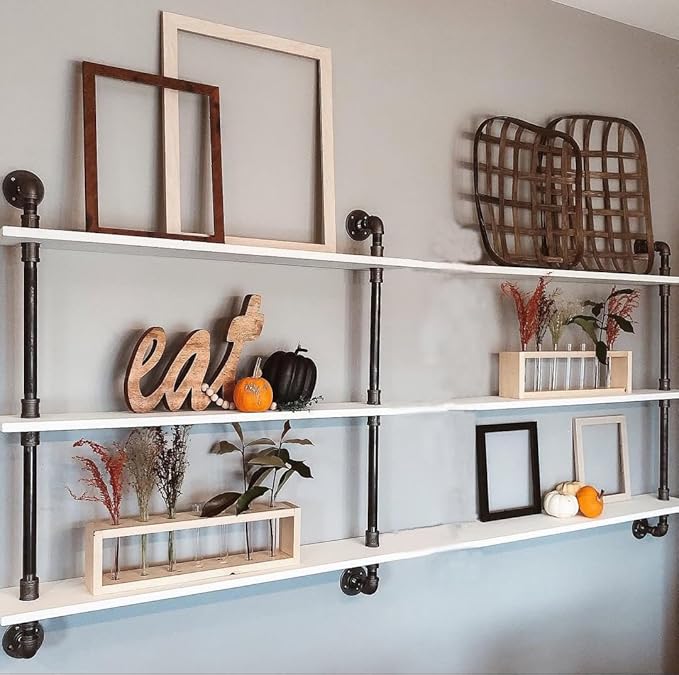 Industrial Pipe Shelving Rustic White Pipe Wall Shelves Industrial Shelves with Wood Planks Floating Shelves 60 Inch Farmhous