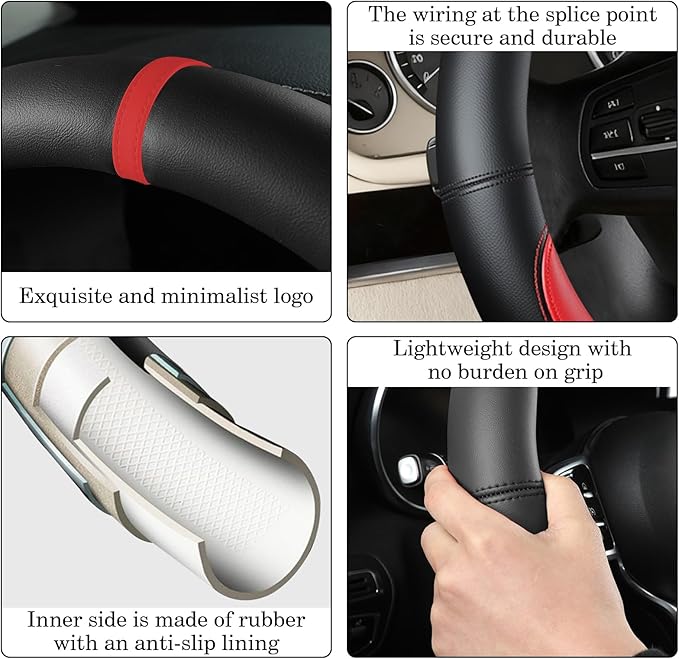 Black Red Car Steering Wheel Cover, Nappa Leather, Bottom Color Blocking, Universal 14.5-15 Inch Leather Anti-Slip Breathable
