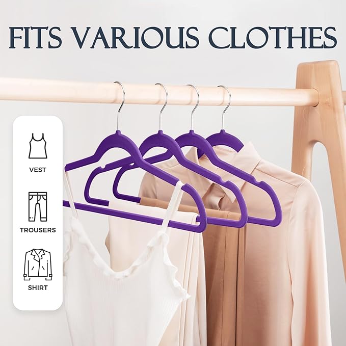 HOUSE DAY Noble-Purple Velvet Hangers 60 Pack, Non Slip Clothes Felt Hanger Heavy Duty for Coat, Premium Slim Space Saving Su