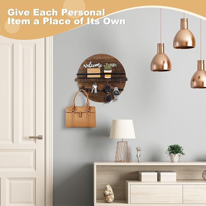 Key Holder for Wall, Key and Mail Holder Organizer with - Key Holder Wall Mount - Round Wooden Rustic Home Decor for Entryway