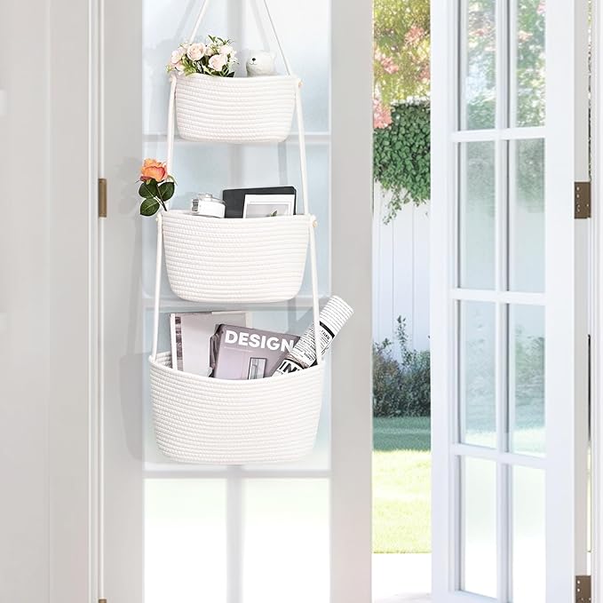 Hanging Storage Baskets, Over the Door Basket, Cotton Wall Baskets Storage, Hanging Door Basket with 4 Hooks