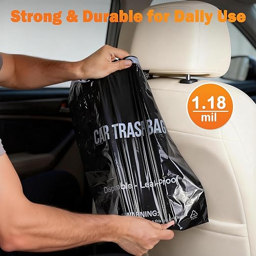 COZILO 50 Count Disposable Car Trash Can Bags, 2 Gallon Heavy Duty Alternative to Bulky Car Trash Can & Garbage Can, Leakproof Smellproof Hanging & Stick-On Garbage Bags for Car SUV Truck