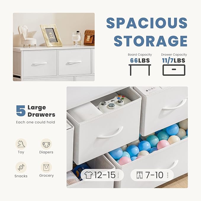 DUMOS Dresser for Bedroom, 5 Storage Drawers, Wide Fabric Closet Chests Organizer Tower Furniture with Wooden Top Metal Frame
