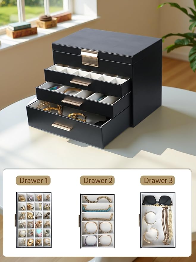 BOOVO Jewelry Boxes for Women, 5 Layer Jewelry Organizer with Necklace Hanger and Drawers, Large Jewelry Box for Earrings, Ne