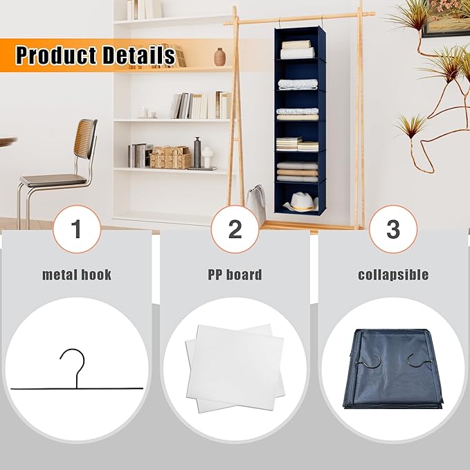 Hanging Closet Organizer and Storage 6-Shelf, Easy Mount Foldable Hanging Closet Wardrobe Shelves, Clothes Handbag Shoes Acce