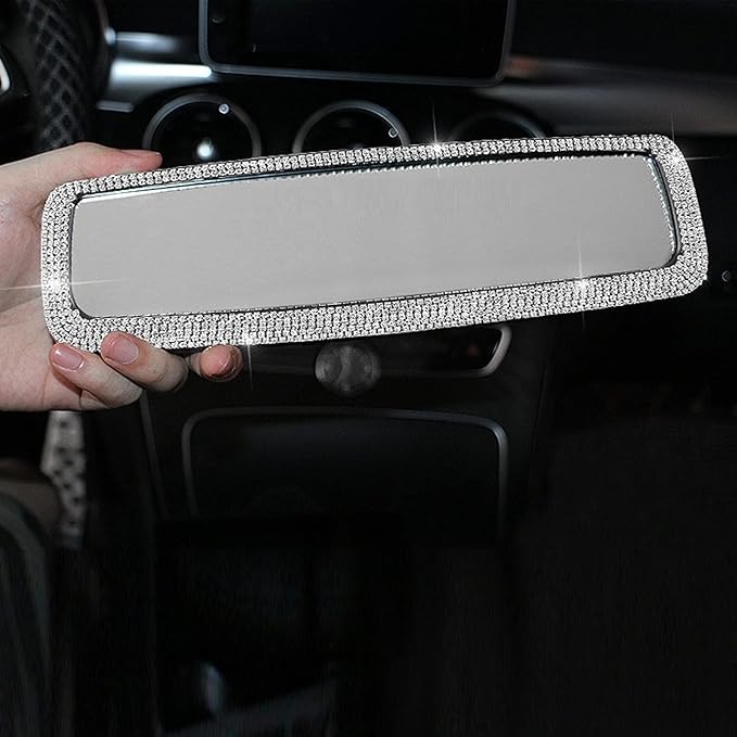 Rhinestone Car Rear View Mirror with Crystal Diamonds Rhinestones Cars Rear View Mirrors for Women,Car Interior Trim. (Sliver)
