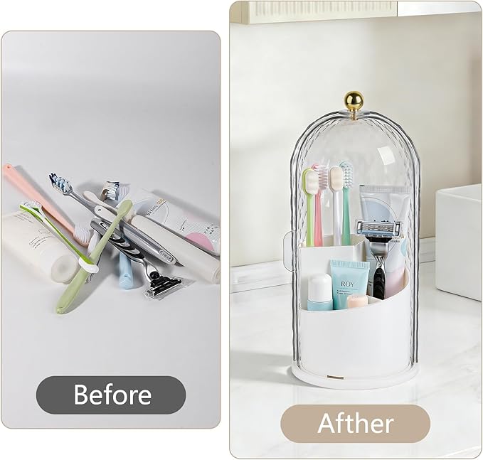 Toothbrush Holder with Cover for Bathroom Countertop, Rotating Organizer for Electric Tooth Brush and Toothpaste, 3-Slot Make