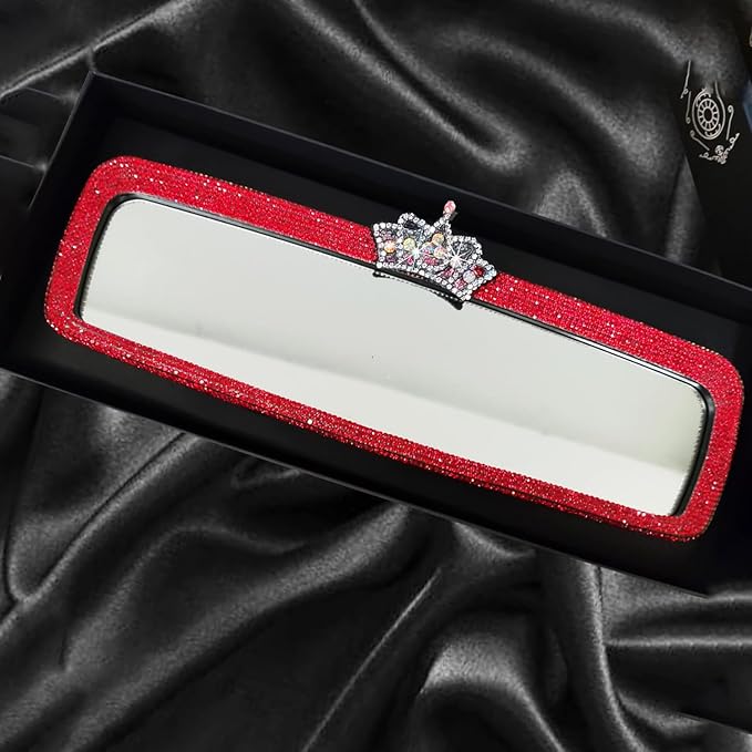 Unifizz Bling Rhinestone Rear View Mirror Cover, Car Rear View Mirror with Crystal Diamonds Bling Rhinestones Car Rear View Mirror Car Interior Trim(Red)