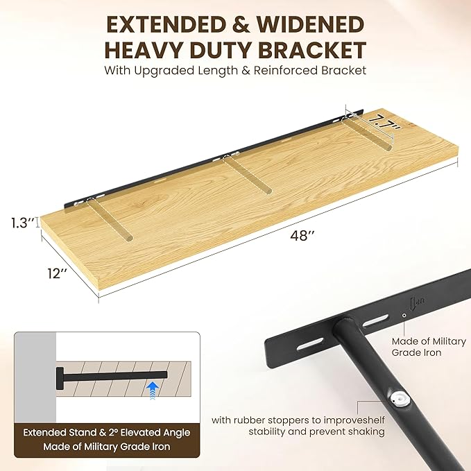 Dreamland 48" Floating Shelves for Wall, 12" Deep Slim Oak Floating Shelves, Wall-Mounted Shelves for Bedroom, Living Room, K
