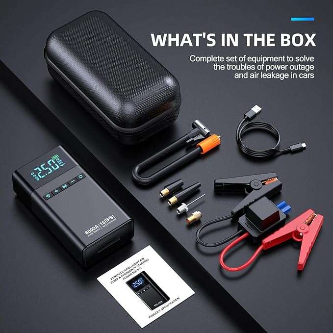10-in-1 Portable Car Battery Jump Starter with Air Compressor, 6000A 160PSI Portable Car Jumper Starter (All Gas 12L
