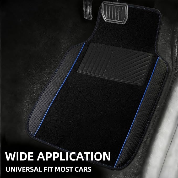 NBTEPEM Waterproof Universal Fit Car Floor Mats, Faux Leather Sporty Car Carpet Mats with Anti-Slip Nibbs Backing & Driver Heel Pad Fit for SUV, Vans, Sedans, Trucks, Set of 4 (Black with Blue line)