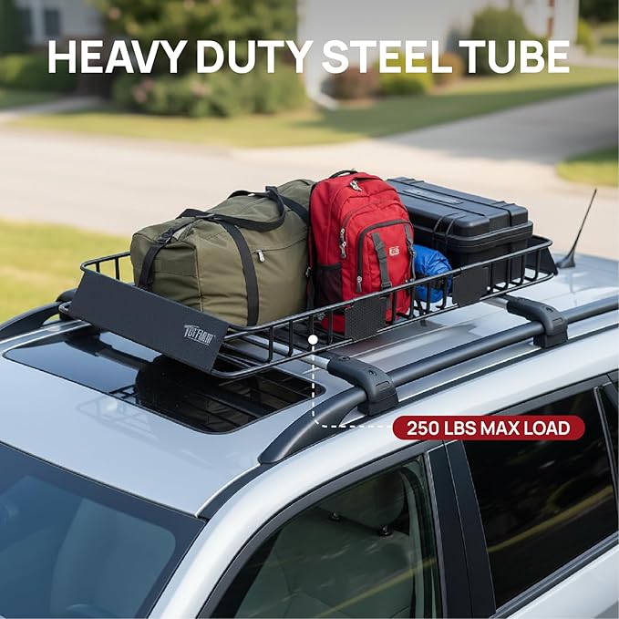 Bonnlo 250lbs Extendable Rooftop Cargo Carrier,64 * 39 * 6inch Universal Roof Rack Basket with Rubber Net,Storage Bag,Straps,for SUV/Truck/Van