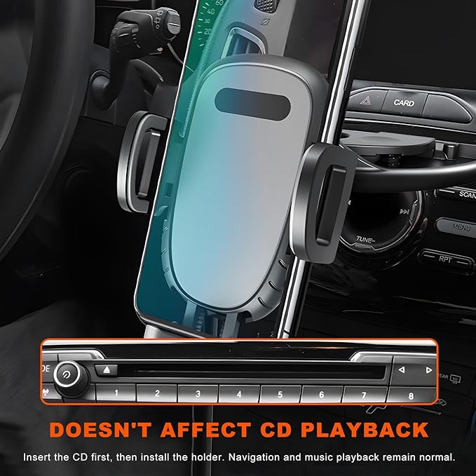 Cell Phone Holder for Car, Hands-Free One Button Release Cellphone Mount for CD Player, 360 Degree Rotatable Auto CD Slot Holder for All Smartphones, Car Accessories