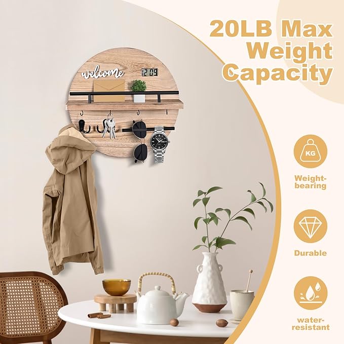 Key Holder for Wall Decorative, Key Hooks Wall Mounted with Shelf and Wooden Key Holder Round Key Hooks for Entryway Mudroom 