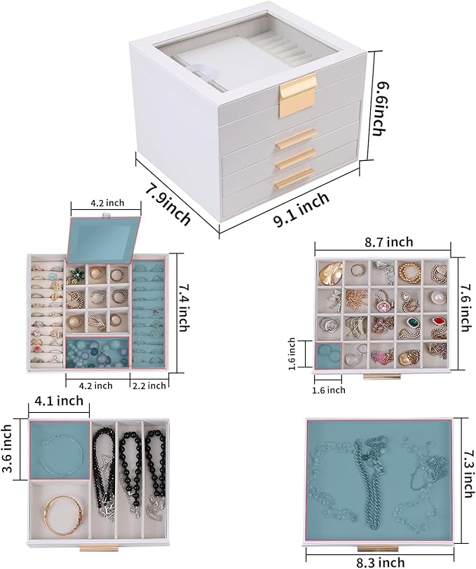 BOOVO Clear Lid Jewelry Box,4 Layers Jewelry Organizer Large Jewelry Storage Box with 3 Drawers,Jewelry Holder Organzier of R