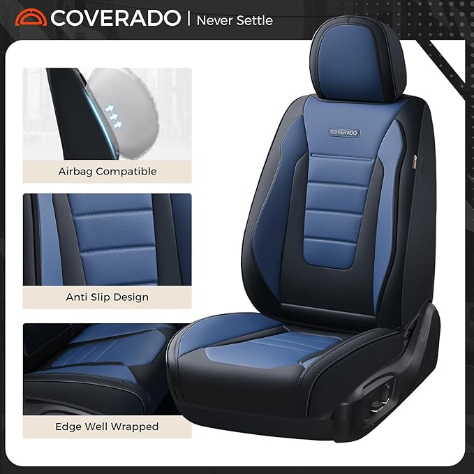Coverado Car Seat Covers Full Set, Nappa Leather Seat Covers for Cars, Car Seat Protector Car Seat Cushion, Front and Back Se