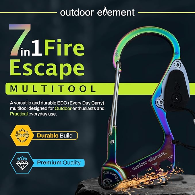 OUTDOOR ELEMENT Fire Escape, Emergency Escape Tool, Seatbelt Cutter, Window Breaker, Multi Tool, Fire Starter, Carabiner, and