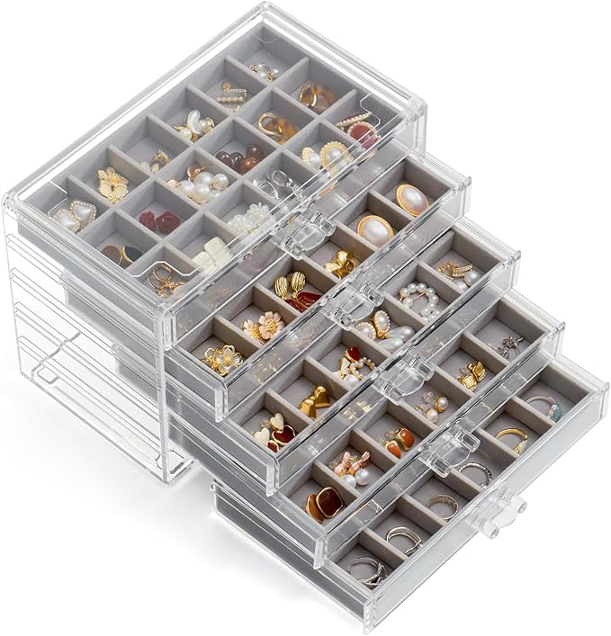 YUFONG Jewelry Organizer with 5 Drawers Clear Acrylic Earring Display Case Velvet Jewelry Storage Box Display Holder for Earr