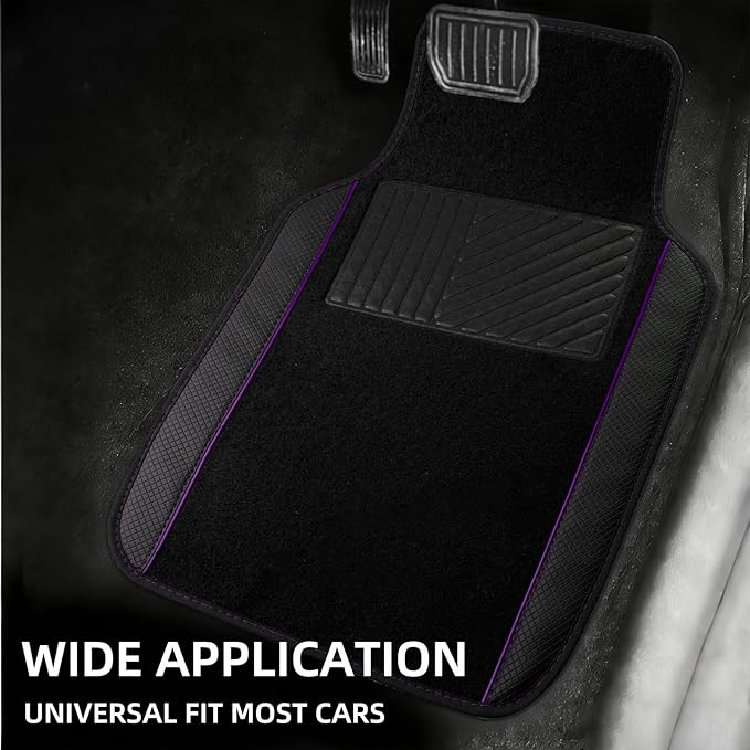 NBTEPEM Waterproof Universal Fit Car Floor Mats, Faux Leather Sporty Car Carpet Mats with Anti-Slip Nibbs Backing & Driver Heel Pad Fit for SUV, Vans, Sedans, Trucks, Set of 4 (Black with Purple line)