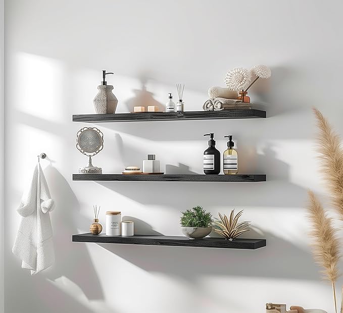 PHPH 36 Inch Wood Floating Shelves for Wall, Wooden Wall Shelves for Bedroom, Set of 4 Black