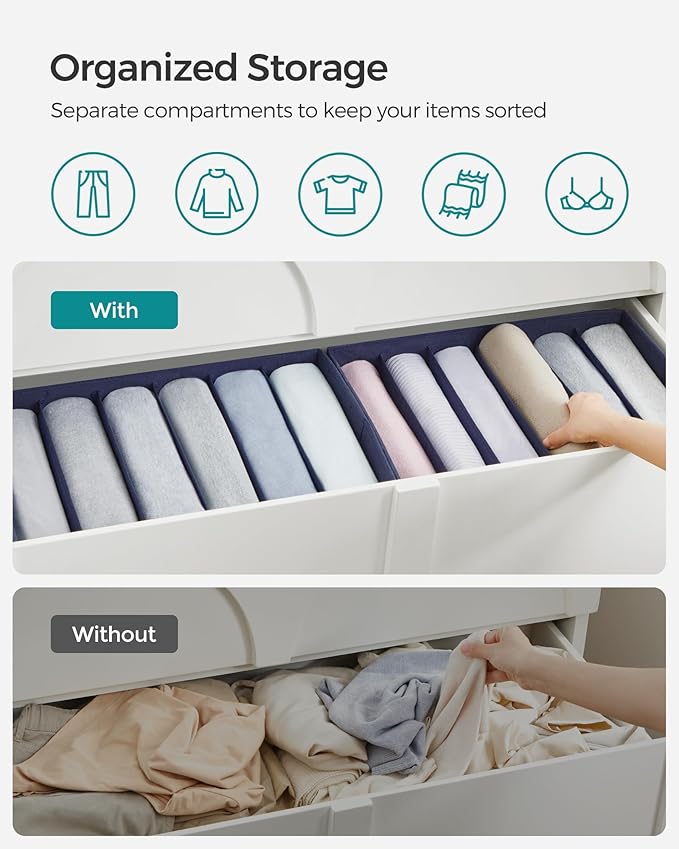 SONGMICS Set of 2 Large Size Wardrobe Clothes Organizers, 6-Compartment Foldable Drawer Organizers with Handles, 16.5 x 11.8 