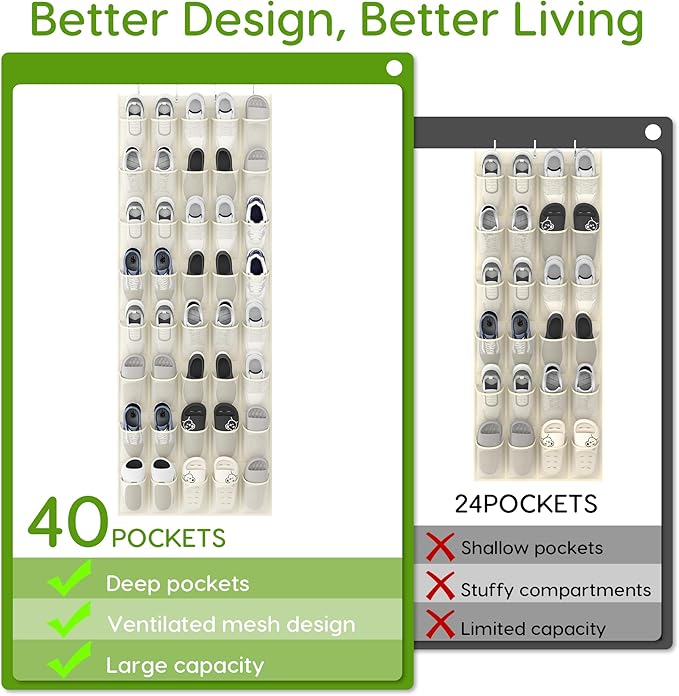 Unjumbly Over the Door Shoe Organizer with 40 Large Breathable Mesh Pockets, Space Saving Shoe Holder, Hanging Shoe Rack for 