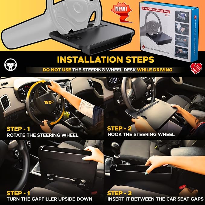 2 IN 1 Steering Wheel Tray with Car Seat Gap Filler Organizer | Car Food Eating Lunch Tray for Driver | Laptop Holder Office Desk | Between Seat Gap Storage Box - Car Gadgets & Roadtrip Essentials