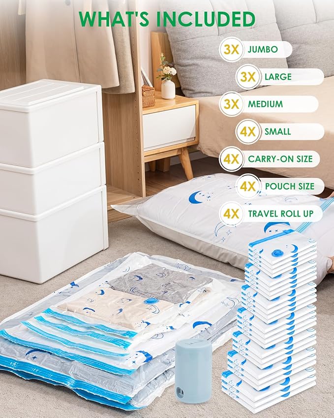 Travel Compression Bags, 25 Pack Vacuum Storage Bags with 1500mAh Rechargeable Battery, Vacuum Seal Bag for Space Saving Clot
