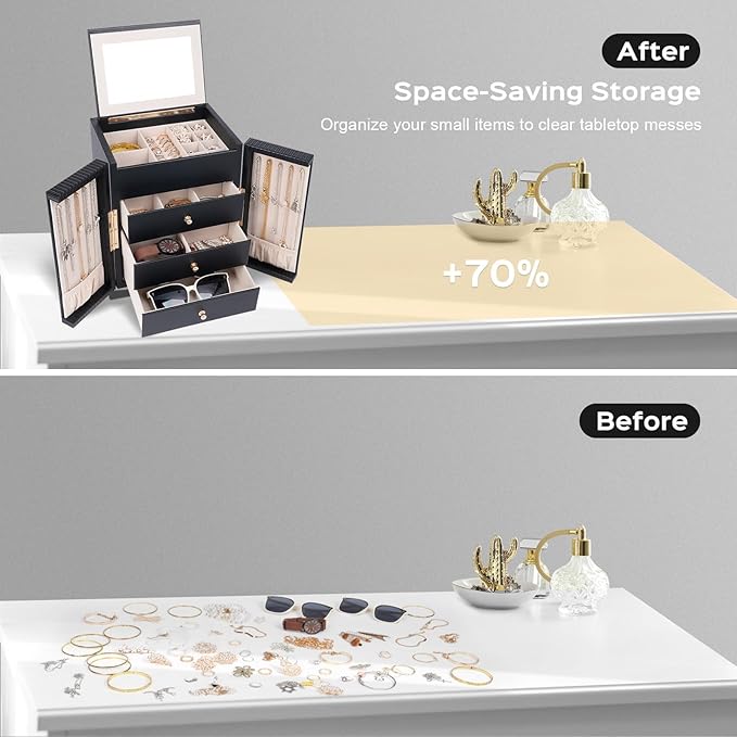 Dajasan Large Jewelry Box for Women, Jewelry Organizer Box with 3 Drawers, Jewelry Storage Organizer with Mirror for Necklace