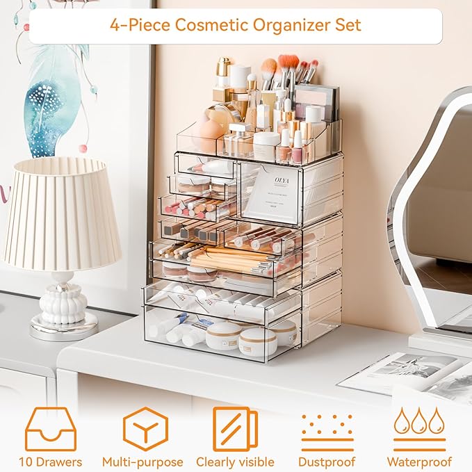Yieach Acrylic Make up Organizers for Counter,Desk and Vanity,4 Pack Stackable Bathroom Counter Organizer with Drawers,Large 