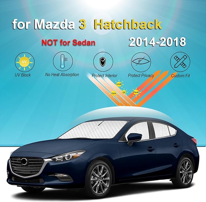 KMF 6pcs Thicken Sun Shades for Mazda 3 Hatchback (Not Sedan) 2014-2018 Accessories, Full Windshield Sunshade Car Window Covers for Side Rear, UV Block and Blackout Privacy for Camping