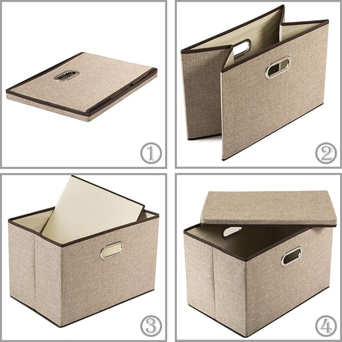 PRANDOM Large Collapsible Storage Bins with Lids [3-Pack] Jute Fabric Foldable Storage Boxes Organizer Containers Baskets Cub