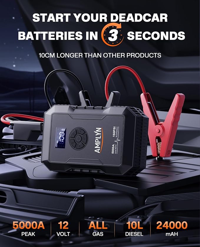 Car Battery Jump Starter with Air Compressor 160PSI,5000A 60W Portable Jump Starter Battery Pack (All Gas/10L Diesel),12V