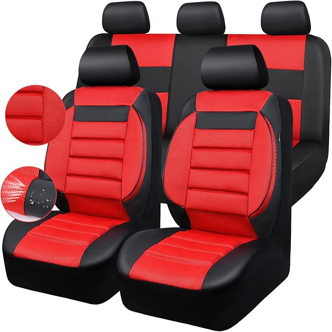 CAR PASS Leather 3D Foam Back Support Car Seat Covers Full Set Air Mesh Automotive Seat Covers, All Season Car Seat Cover Fit