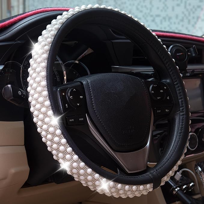 Leather Bling Steering Wheel Cover Women Rhinestone White Soft Comfortable Glitter Sparkly Universal 15 inch Steering Wheel C