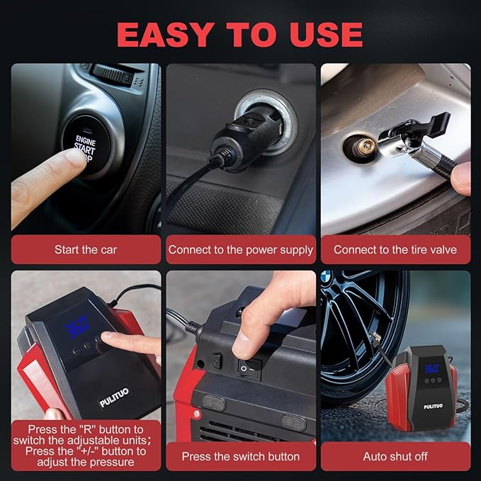 PULITUO Tire Inflator Portable Air Compressor - Car Accessories 12V DC Air Pump for Car Tires with Digital Pressure Gauge, Emergency LED Light for Wheel,Bike, Ball, Motor