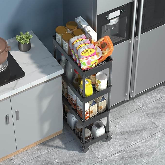 Sooyee 4 Tier Wide Storage Cart Mobile Shelving Unit Organizer Slide Out Storage Rolling Utility Cart Tower Rack for Kitchen 