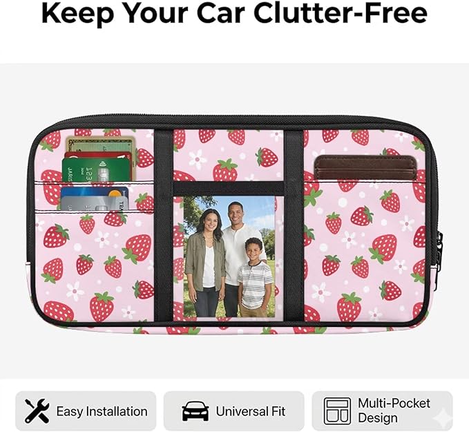 Pink Strawberry Car Sun Visor Organizer with Card Holder Car Visor Organizer Fashion Cars Accessories Easy to Store for Cars, SUVs & Trucks