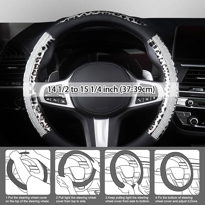 AUTOYOUTH Leopard Steering Wheel Cover - Bling Crystal Rhinestones Cheetah Print on Leather Non-Slip Breathable Design for Wo