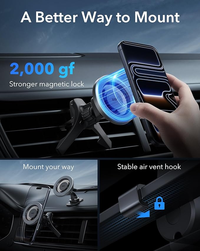 ESR for MagSafe Car Mount, Magnetic Phone Holder for Car Air Vent, Car Phone Holder Mount for iPhone 17e/17/16/16e/15/14/13/12/Samsung, All Smartphones(2 Metal Rings Included),Charging Not Supported